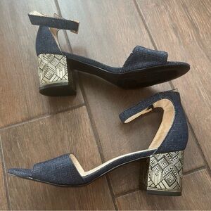 Nine West Blue Denim Decorative Gold Block Heel Sandals size 8M Ankle Strap